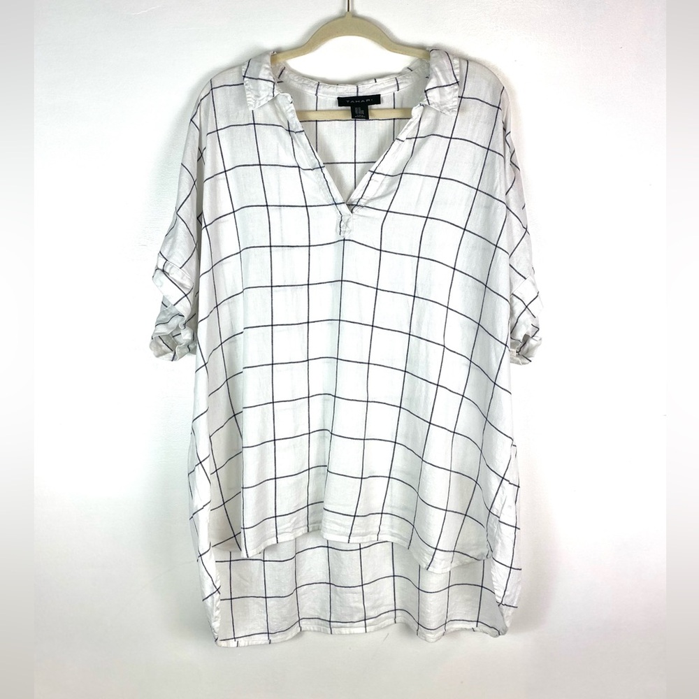Tahari 2X Plus White Black Windowpane Linen Blend V-Neck Tunic Top